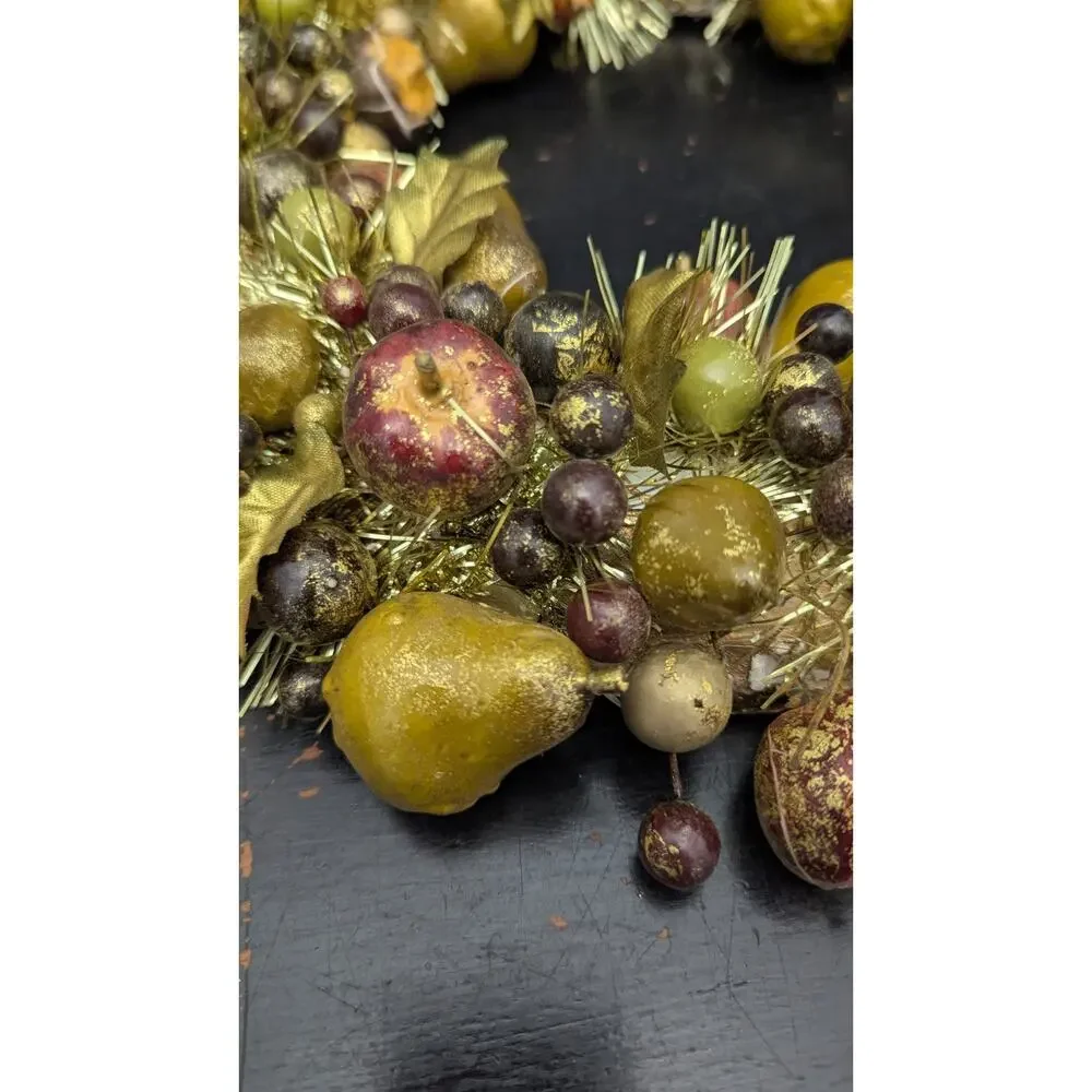 Gold Green Burgundy Tinsel Fruit Wreath Vintage 14